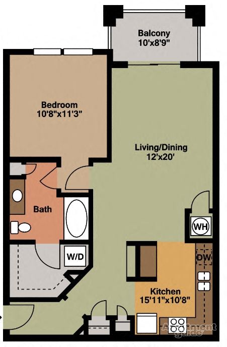 Floor plan for 1 bed, 1 bath, 780 sqft